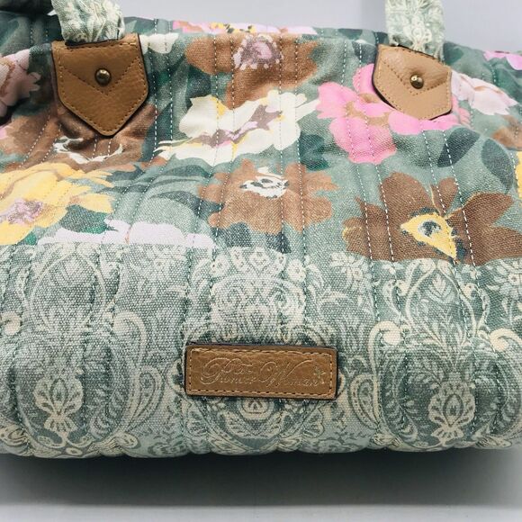 Pioneer Woman Aubrey Quilted Print Tote Floral Green Faded Denim w Zipper Large - Picture 12 of 15